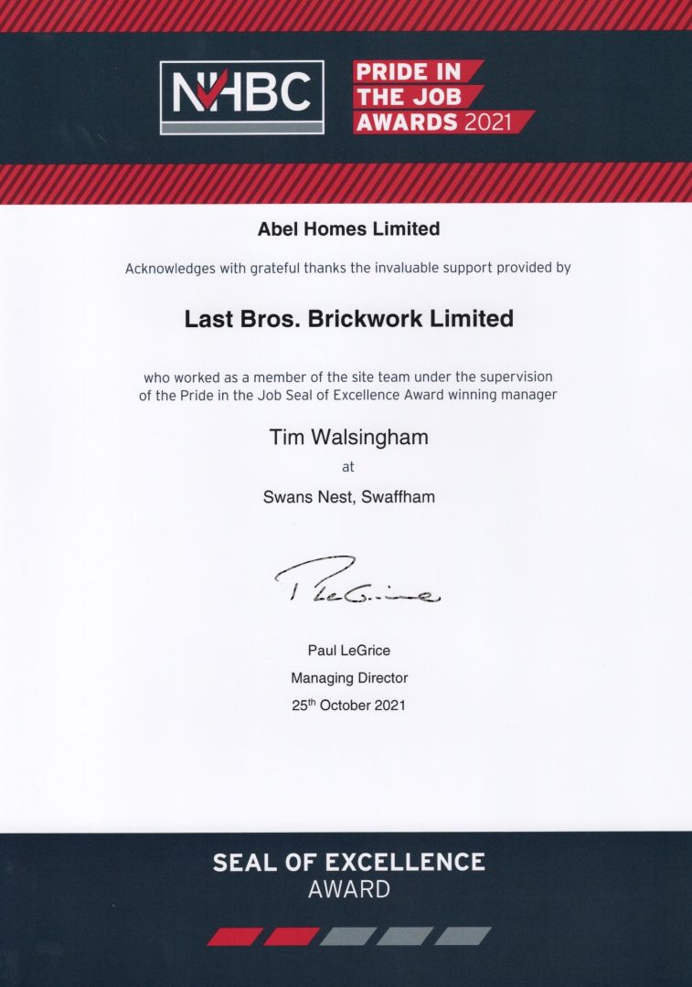 NHBC Pride in the Job 2021 Swaffham Seal of Excellence Award
