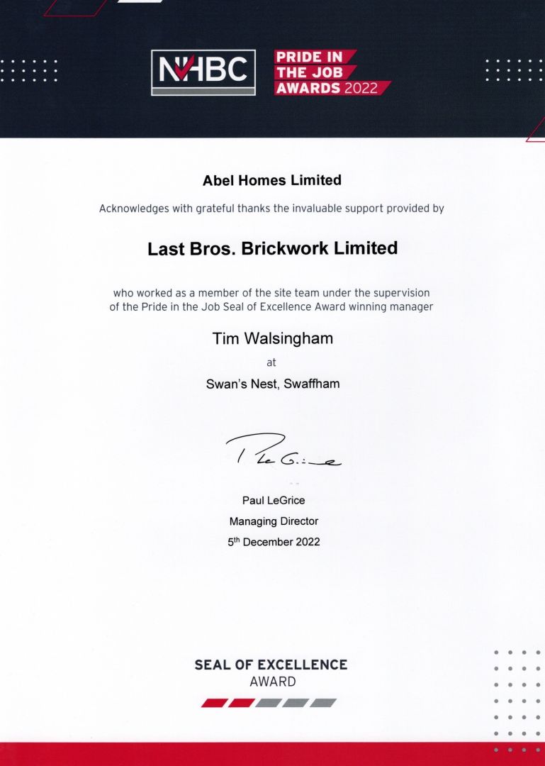 NHBC Pride in the Job 2022 Swaffham Seal of Excellence Award