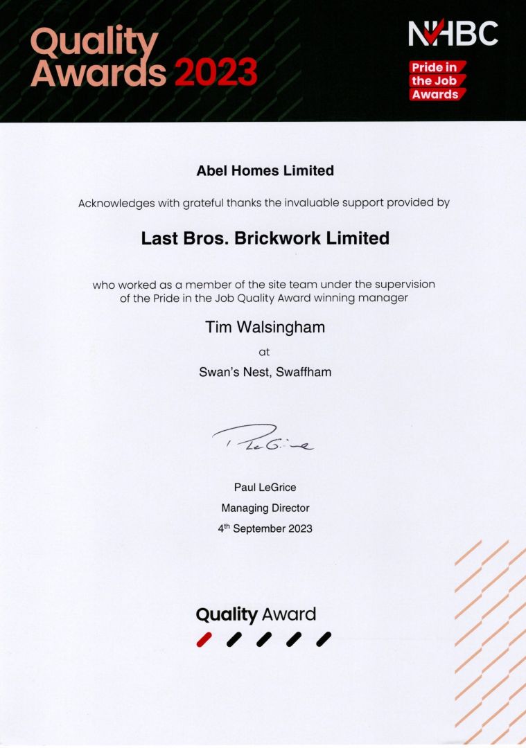 NHBC Pride in the Job 2023 Swaffham Seal of Excellence Award