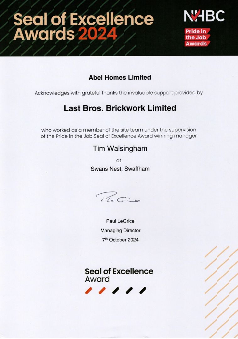 NHBC Pride in the Job 2024 Swaffham Seal of Excellence Award