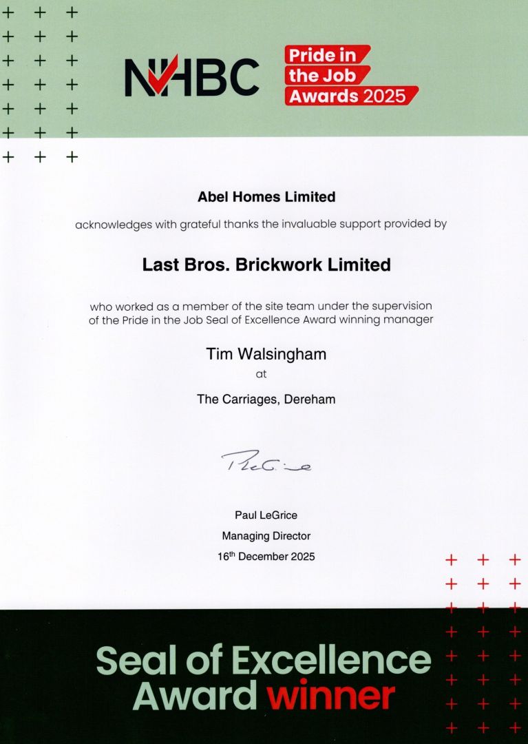 NHBC Pride in the Job 2025 Dereham Seal of Excellence Award